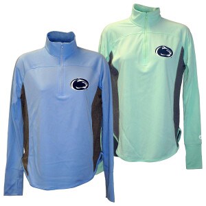 women's lightweight 1/4 zips light blue and light green mint with Penn State Athletic Logo on left chest